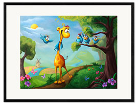 Framed art print Giraffe with funny birds