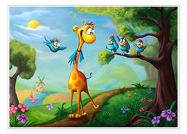 Wall print  Giraffe with funny birds - Tooshtoosh