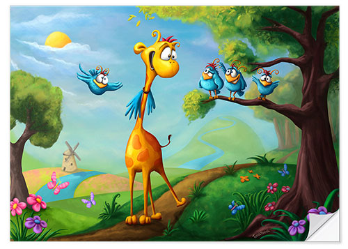 Selvklebende plakat Giraffe with funny birds