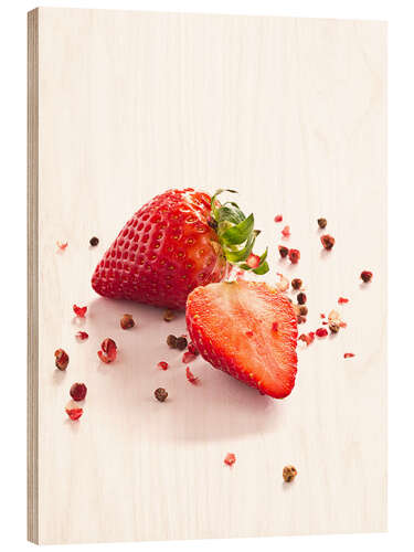 Wood print Strawberries with red peppercorns