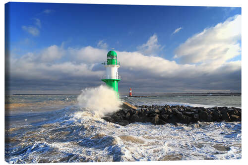 Leinwandbild Grüner Leuchtturm in der Brandung III