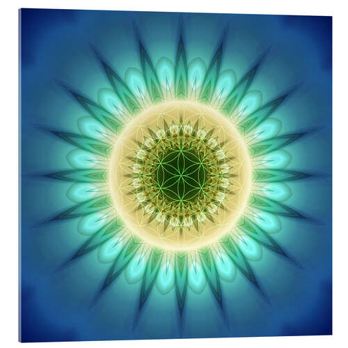 Acrylglasbild Mandala blaues Licht mit Blume des Lebens