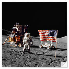 Muursticker Apollo 17 astronaut stands near the United States flag