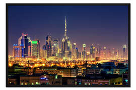 Gerahmter Kunstdruck Skyline von Dubai bei Nacht