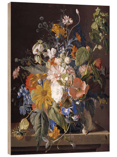 Holzbild Mohn, Margeriten, Veilchen, Ringelblumen und andere in einer Vase