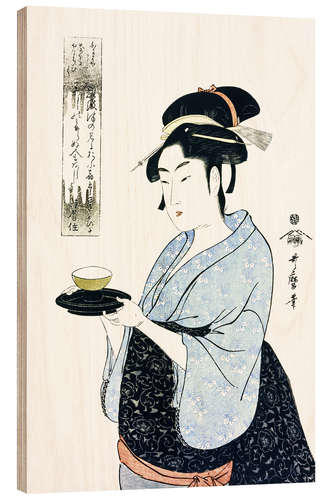 Obraz na drewnie Naniwaya Okita serves a teacup in the famous tea house