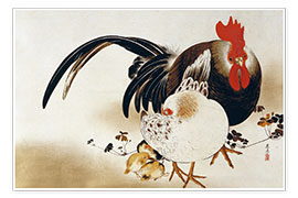 Poster  Cockerel, hen and chicks - Shibata Zeshin