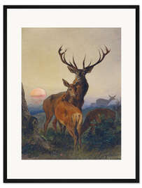 Gerahmter Kunstdruck Hirsch und Hirschkuh bei Sonnenuntergang