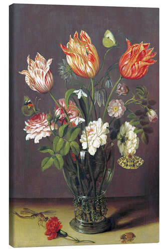 Canvas print Tulips with other Flowers in a Glass on a Table