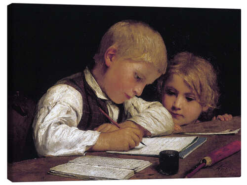 Canvas print Boy writing with his sister