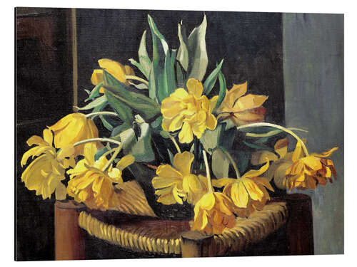 Aluminium print Double Yellow Tulips on a Wicker Chair