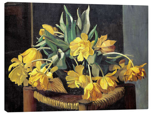 Canvas-taulu Double Yellow Tulips on a Wicker Chair