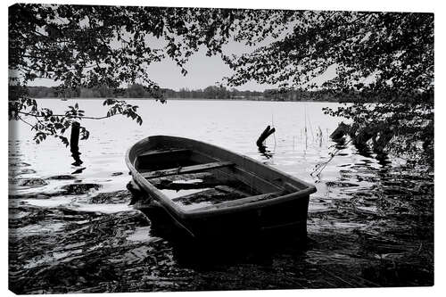 Canvas print Old boat under trees - black white