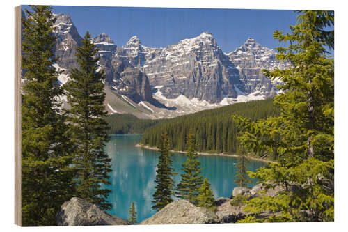 Holzbild Moraine Lake vor Bergen