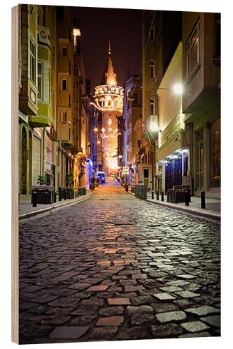 Holzbild The famous Galata-Tower at night (Istanbul/Turkey)
