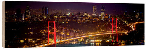 Wood print Bosporus-Bridge at night - red (Istanbul / Turkey)