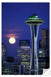 Selvklebende plakat Space Needle at full moon