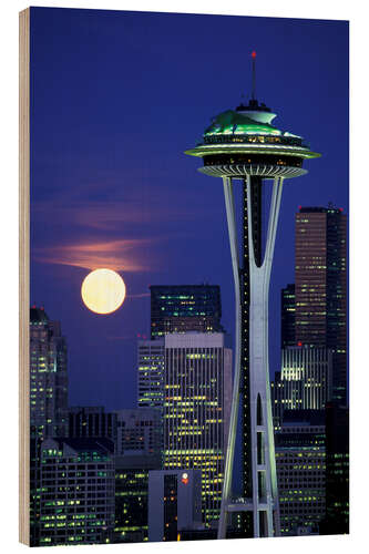 Wood print Space Needle at full moon