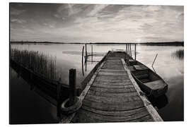 Magnettafel Holzsteg am See mit Fischerboot - schwarzweiss