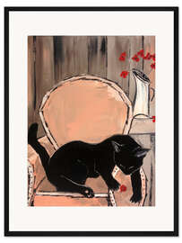 Gerahmter Kunstdruck Schwarze Katze mit Mohnblumen II