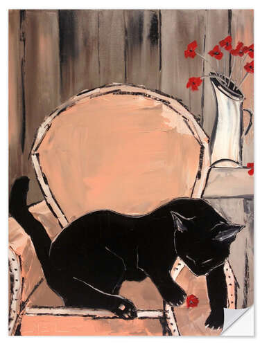 Muursticker Black Cat with Poppies II
