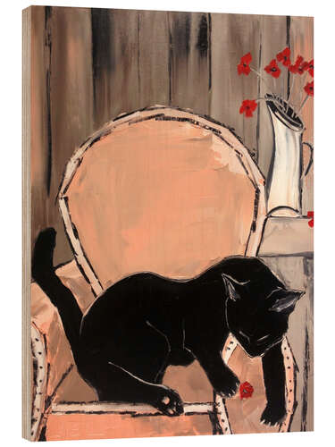 Cuadro de madera Gato negro con amapolas II