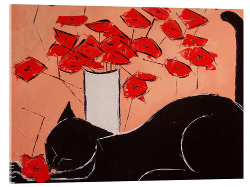 Acrylglasbild Schwarze Katze mit Mohnblumen III