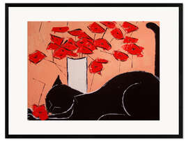 Gerahmter Kunstdruck Schwarze Katze mit Mohnblumen III