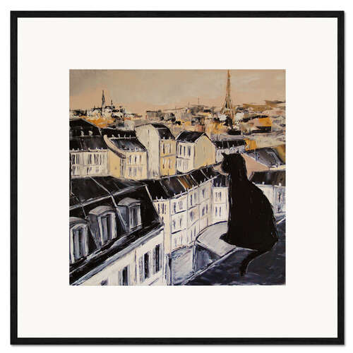 Impresión de arte enmarcada Gato negro sobre los tejados de París