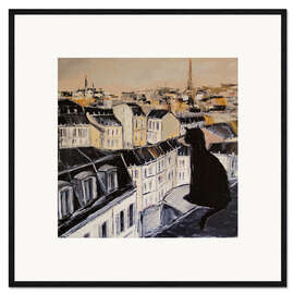 Gerahmter Kunstdruck Schwarze Katze über den Dächern von Paris