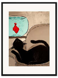 Gerahmter Kunstdruck Schwarze Katze mit Goldfisch
