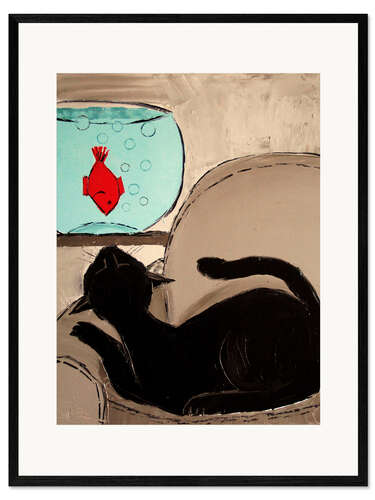 Inramat konsttryck Black Cat with Goldfish