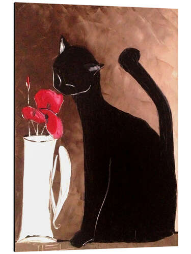 Tableau en aluminium Chat noir et vase de coquelicots