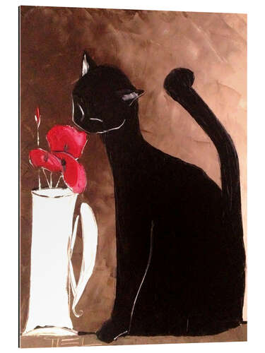 Tableau en plexi-alu Chat noir et vase de coquelicots