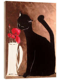 Tableau en bois Chat noir et vase de coquelicots