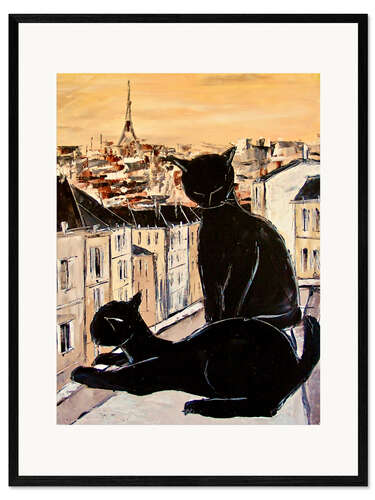 Gerahmter Kunstdruck Katzenliebe über den Dächern von Paris