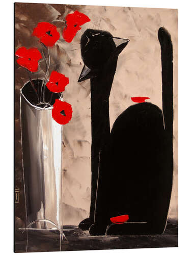 Aluminiumsbilde BLACK CAT WITH POPPIES