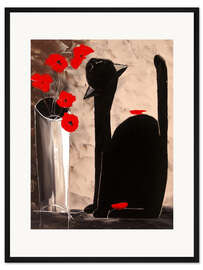 Gerahmter Kunstdruck Schwarze Katze mit Mohn