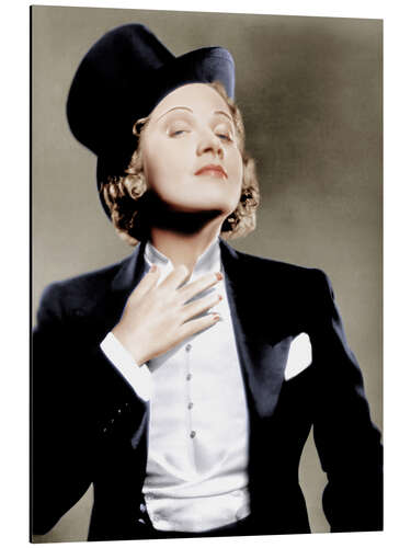 Aluminium print Marlene Dietrich with a suit and cylinder