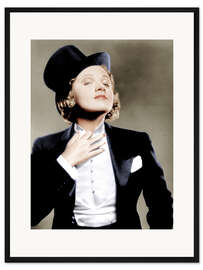 Gerahmter Kunstdruck Marlene Dietrich mit Anzug und Zylinder