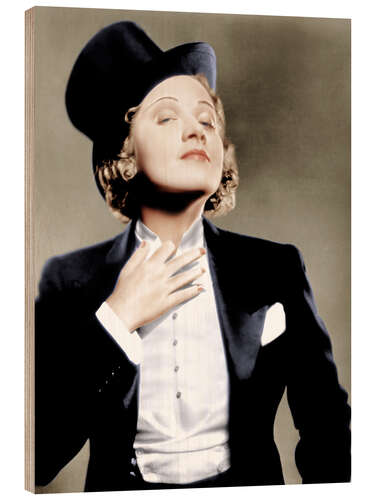 Wood print Marlene Dietrich with a suit and cylinder