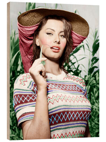 Cuadro de madera Sophia Loren with Straw Hat