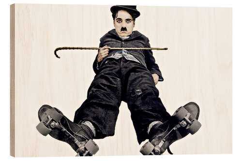 Hout print Charlie Chaplin with roller skates