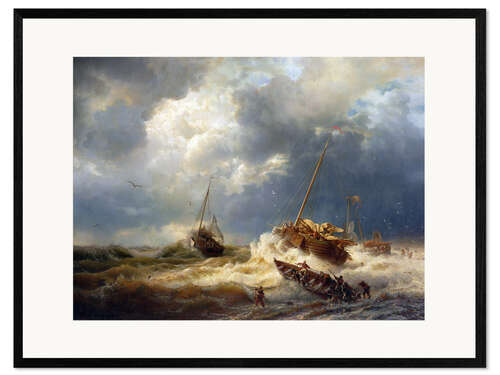 Gerahmter Kunstdruck Schiffe in einem Sturm an der niederländischen Küste, 1854