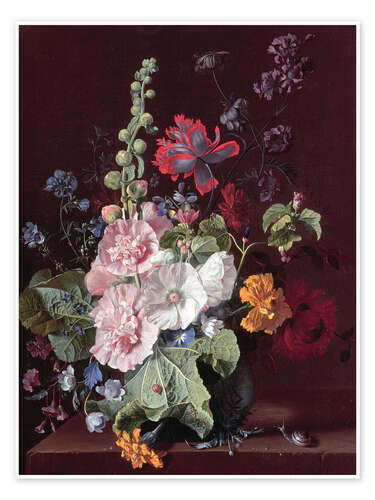 Poster Malven und andere Blumen in einer Vase, 1702-20