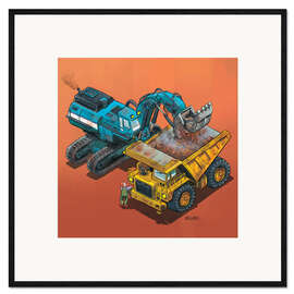 Plakat artystyczny premium w ramie Excavator and trucks