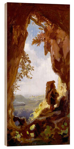 Wood print Gnome, looking at the first railway out of a cave
