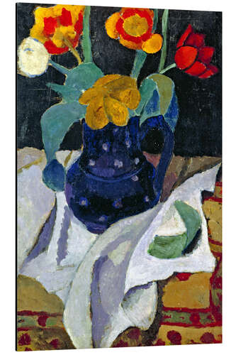 Aluminium print Still life with tulips in a blue pot