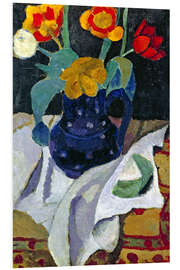 Foam board print Still life with tulips in a blue pot