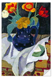 Selvklebende plakat Still life with tulips in a blue pot